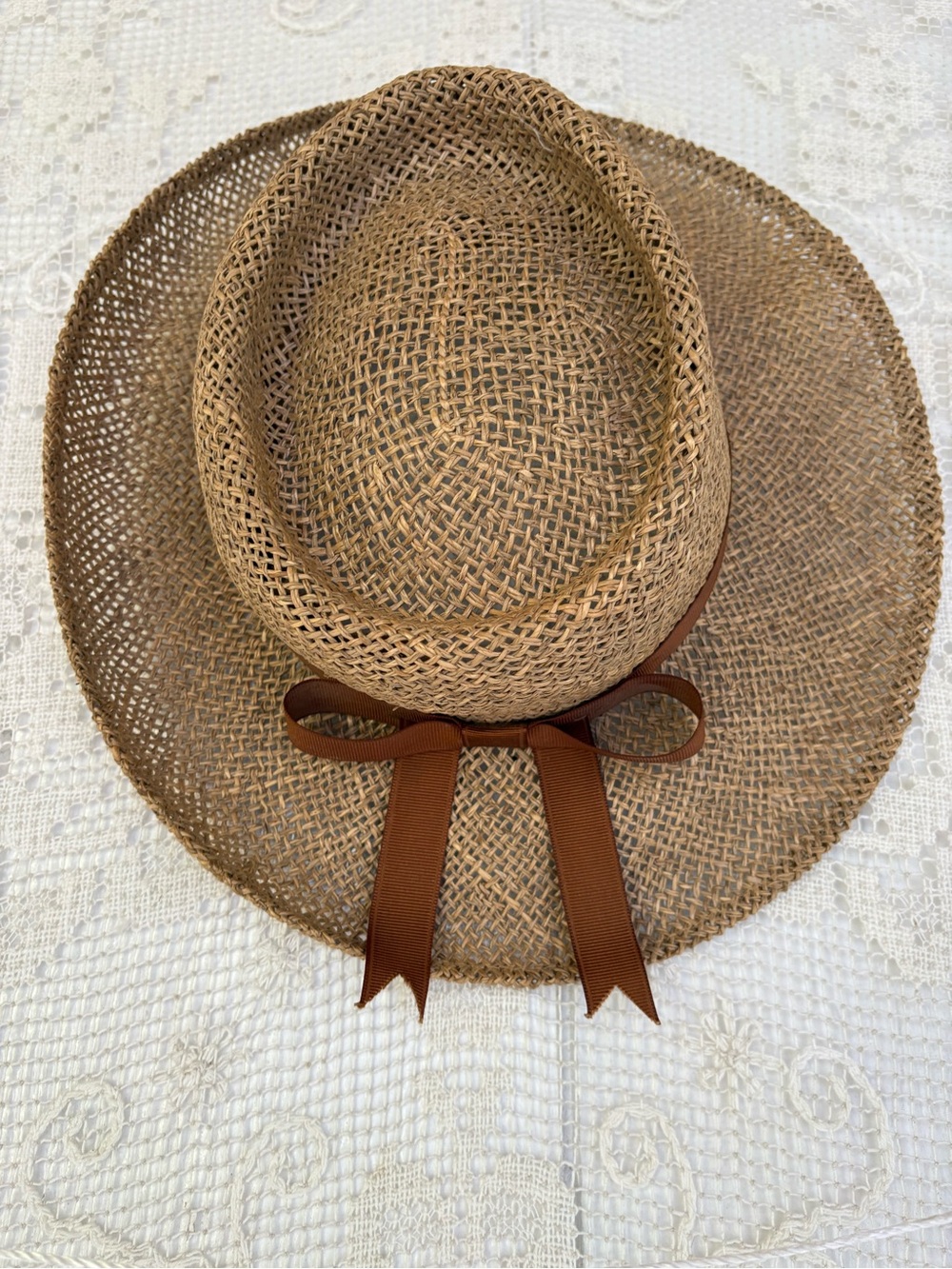 Vintage Peter Grimm Brown Woven Straw Hat with Brown Ribbon